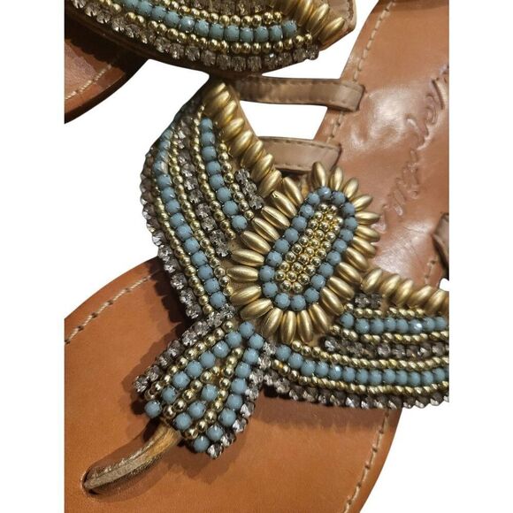 Asapatilha Sandals Women's 6 Tan Leather Beaded Rhinestone Flat Resort Boho - Picture 2 of 4